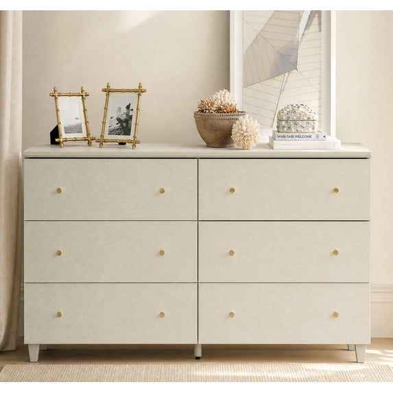 Bedroom 6-Drawer Dresser, Modern Wood Chest of Drawers with Solid Wood Legs w/ Non-slip Pads, Anti-tip Kit, Beige Linen Printed Finish, 47.2" Wide
