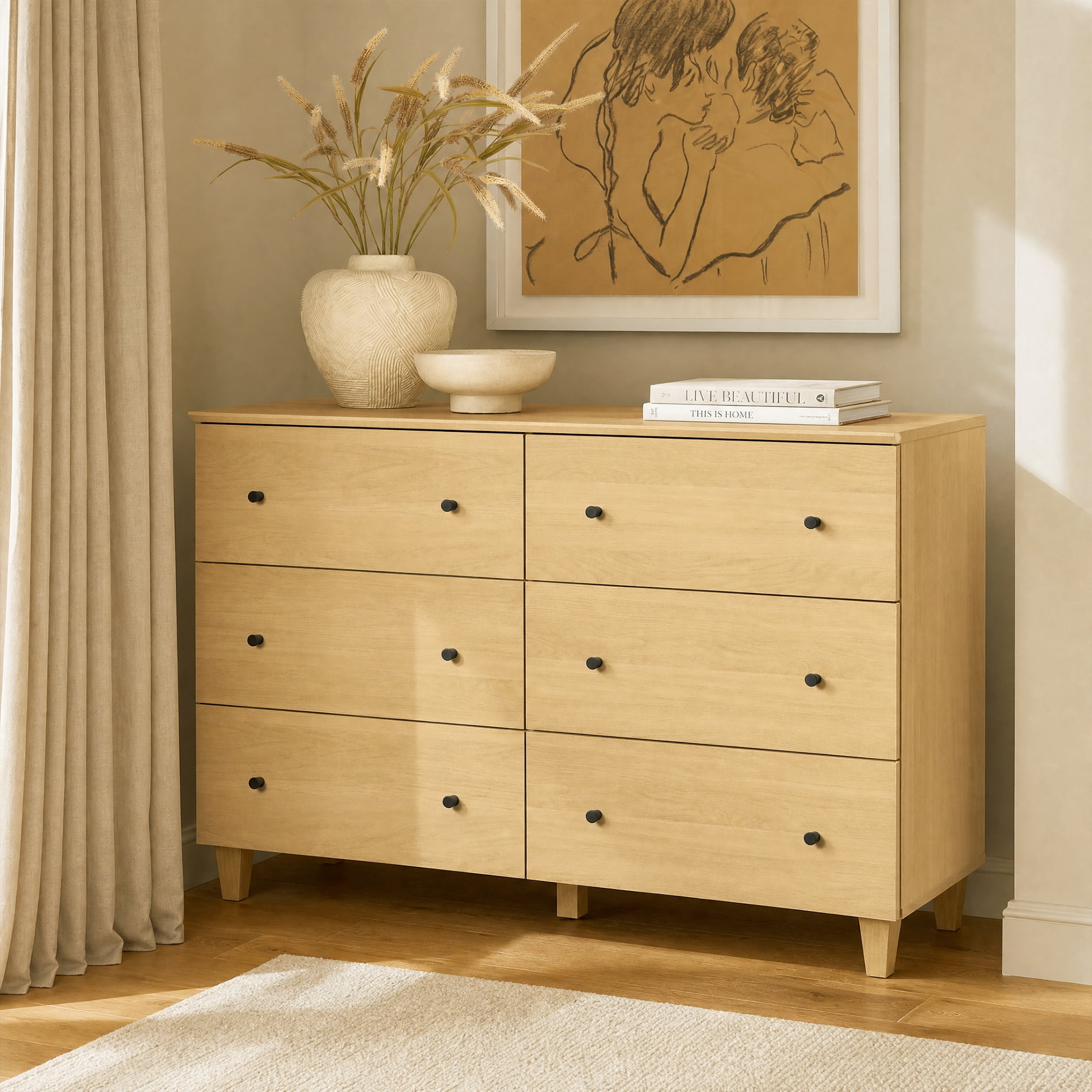 Bedroom 6-Drawer Dresser, Modern Wood Chest of Drawers with Solid Wood Legs w/ Non-slip Pads, Anti-tip Kit, Oak Wood Finish, 47.2" Wide