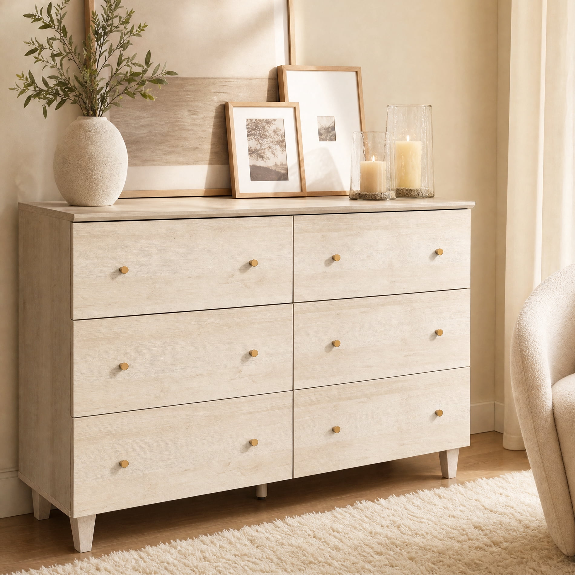 Bedroom 6-Drawer Dresser, Modern Wood Chest of Drawers with Solid Wood Legs w/ Non-slip Pads, Anti-tip Kit, White Oak Wood Finish, 47.2" Wide