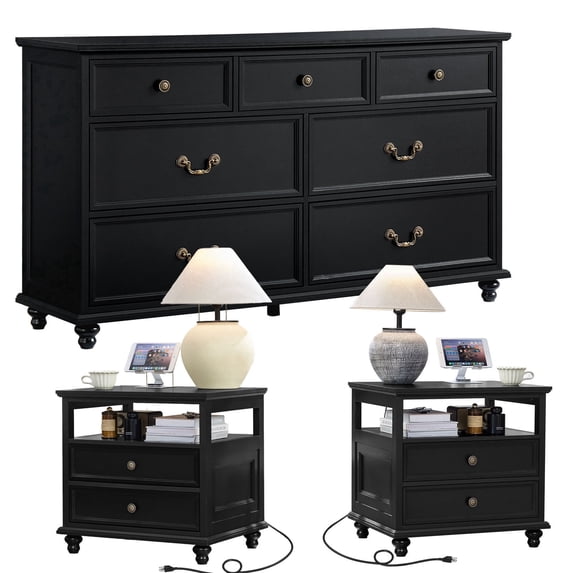 Bedroom 7 Drawer Dresser Set & Nightstands Set W/ Usb, Farmhouse Complete Bedroom Furniture Set with Spacious Storage, 3 Piece, Black