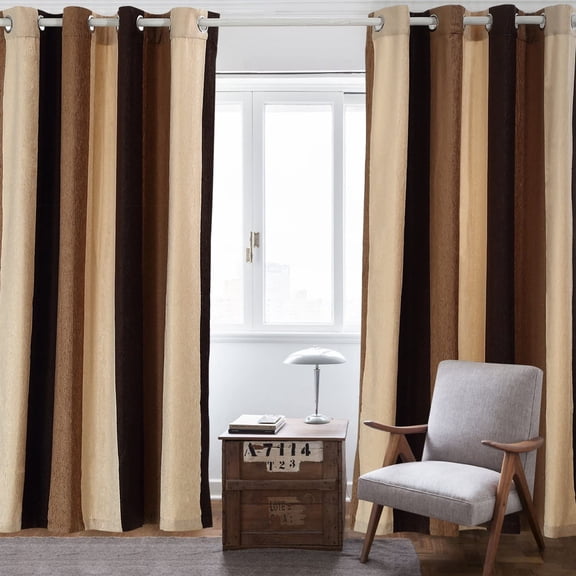 Bedroom Absolute Heat Insulation Chenille Vertical Striped Color Window Curtains Living Room Buttonhole Single Panel (W52xL63, Brown)