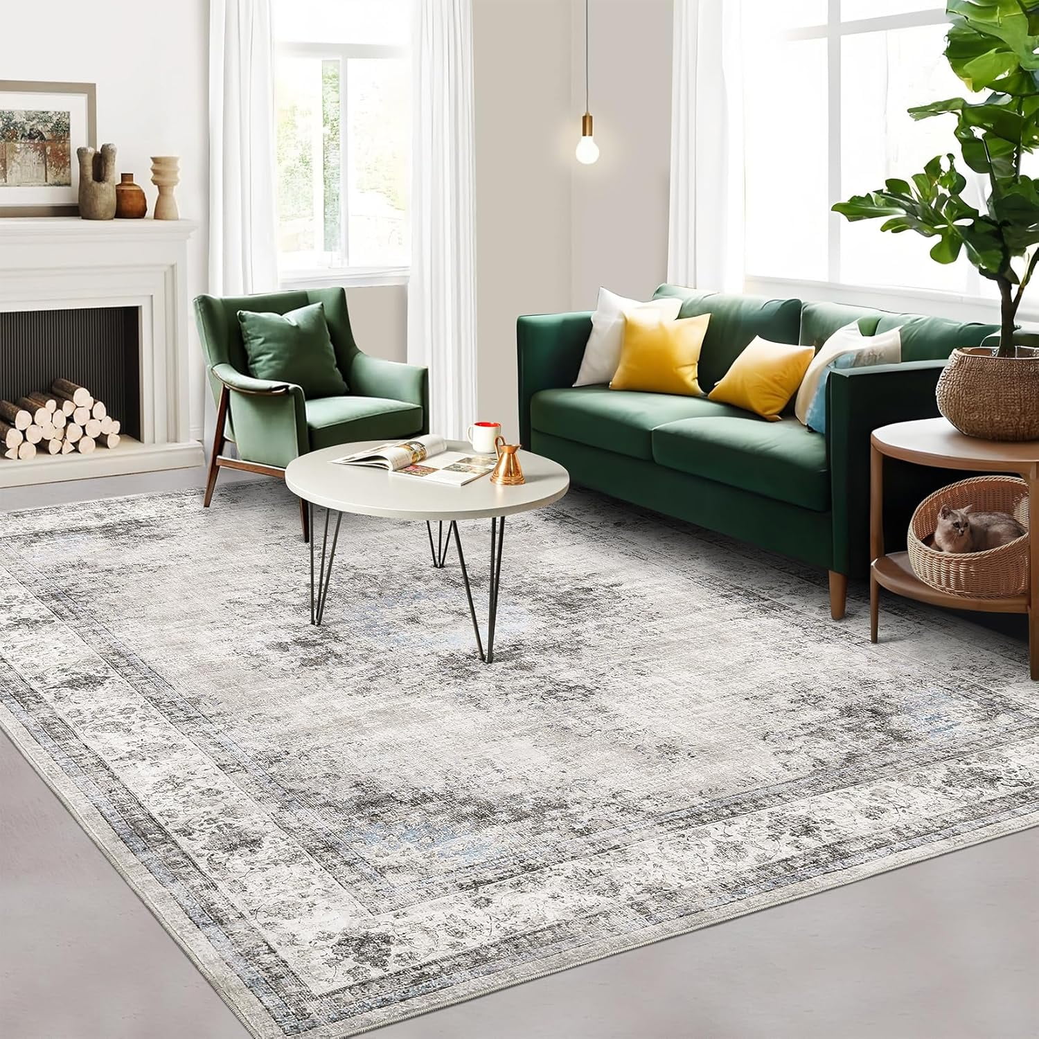 Bedroom Area Rug 5x7 Vintage Distressed Living Room Area Rug Non Slip Low Pile Large Dining Room Rug Soft Oriental Throw Carpet Machine Washable Rugs for Home Office Entryway, Beige