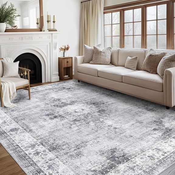 Bedroom Area Rug 5x7 Vintage Distressed Living Room Area Rug Non Slip Low Pile Large Dining Room Rug Soft Oriental Throw Floor Carpet Machine Washable Rugs for Home Office, Grey