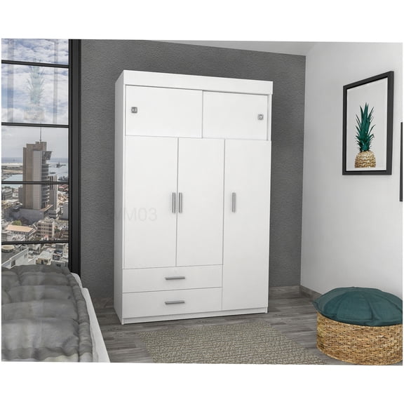 Bedroom Armoire with Hanging Rod and Sliding Doors, White Finish