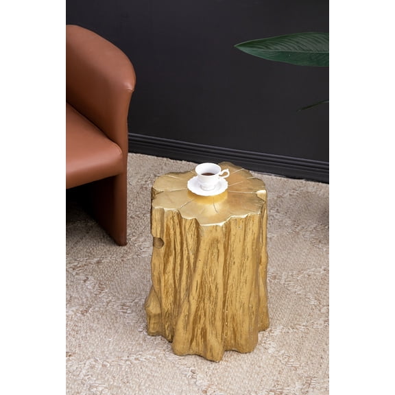 Bedroom Bench 13.5x13x20" Unique Golden Tree Trunk Stool, Antique Gold Distressed Accent Side Table,Bedroom Stool