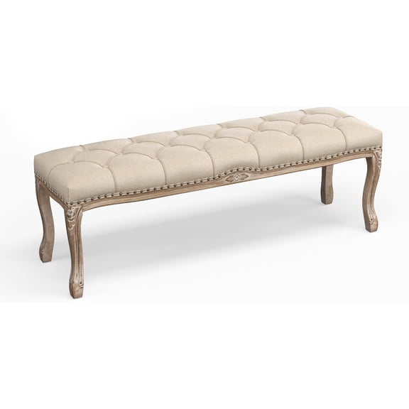 Bedroom Bench, French Vintage Tufted Entryway 52.5" Carving Upholstered End of Bed Bench with Distressed Wood Legs, Linen Ottoman Seat for Living Room King Size Bed, Linen Color