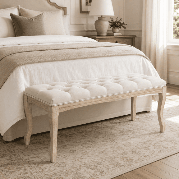 Bedroom Bench, French Vintage Tufted Entryway Bench, 43.3" Upholstered End of Bed Bench with Distressed Wood Legs, Linen Ottoman Seat for Living Room, Foyer, Dining Room, Beige