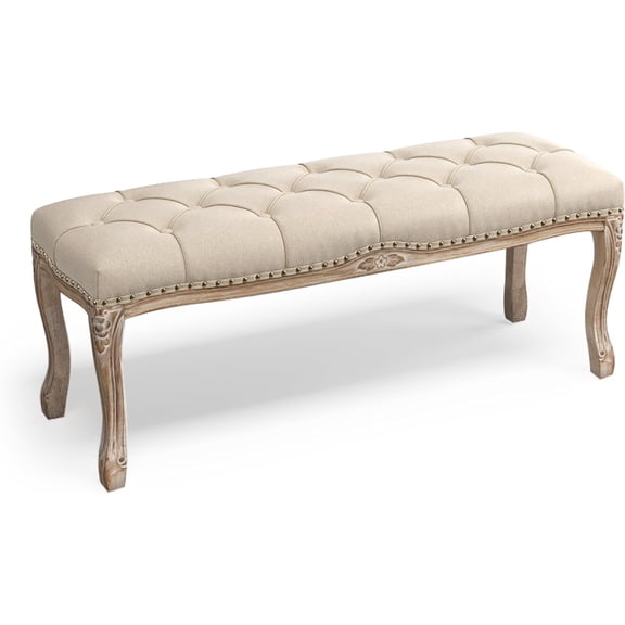 Bedroom Bench, French Vintage Tufted Entryway Bench, 45.2" Carving Upholstered End of Bed Bench with Distressed Wood Legs, Linen Ottoman Seat for Living Room, Dining Room, Linen Color