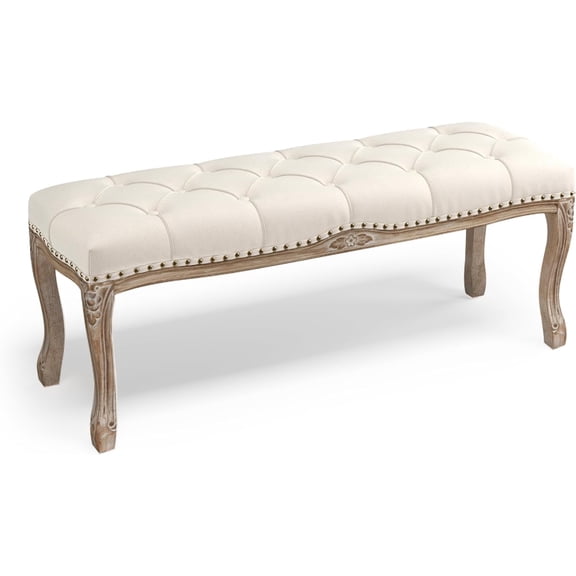 Bedroom Bench, French Vintage Tufted Entryway Bench, 45.2" Carving Upholstered End of Bed Bench with Distressed Wood Legs, Linen Ottoman Seat for Living Room, Foyer, Dining Room, Beige