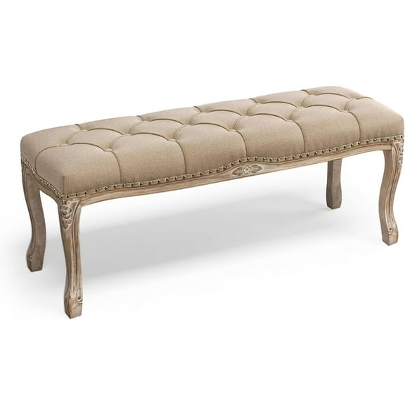 Bedroom Bench, French Vintage Tufted Entryway Bench, 45.2" Carving Upholstered End of Bed Bench with Distressed Wood Legs, Linen Ottoman Seat for Living Room, Foyer, Dining Room, Wheat