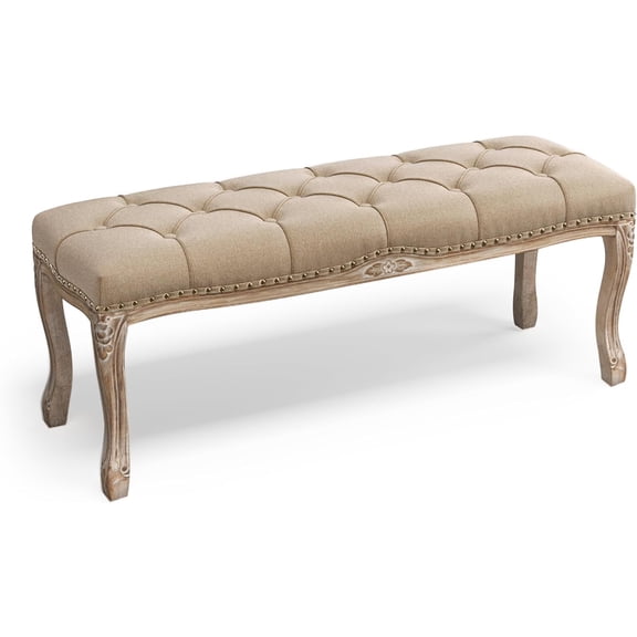 Bedroom Bench, French Vintage Tufted Entryway Bench, 45.2" Carving Upholstered End of Bed Bench with Distressed Wood Legs, Linen Ottoman Seat for Living Room, Foyer, Dining Room, Wheat
