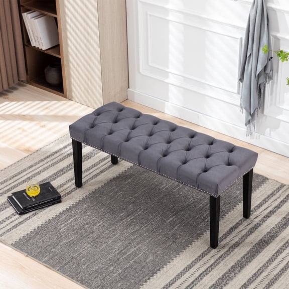 Bedroom Bench Heng Ming Upholstered Tufted Bench Ottoman , Velvet Dining Bench Bedroom Bench Footrest Stool Accent Bench for Entryway Dining Room Living Room, Dark gray,Bedroom Stool