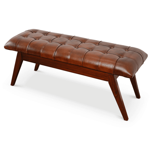 Bedroom Bench, Maja Mid Century Modern Tan Leather Bench, Bedroom Stool, Wooden Bedroom Bench,