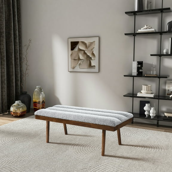 Bedroom Bench, Troni Light Grey Boucle Bench, Bedroom Stool, Wooden Bedroom Bench,
