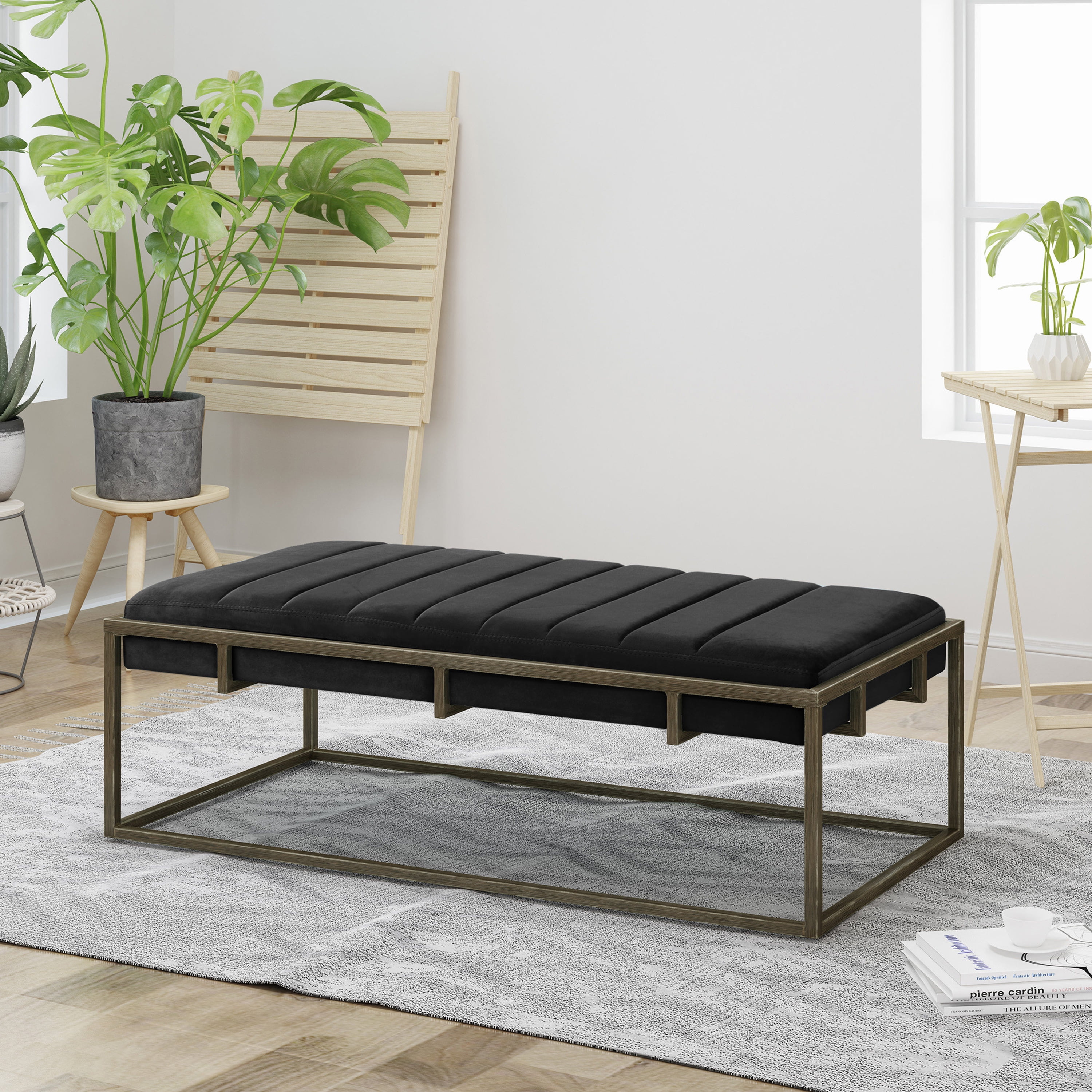 Bedroom Bench Upholstered Velvet Ottoman Bench with Brass Finish, Black ...
