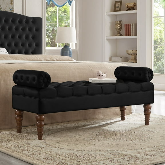 Bedroom Bench Velvet Long bed Bench for Bedroom,Upholstered Window Bench with Tufted Button,Entryway Bench,Bolster Bench for Living Room-Black,Bedroom Stool