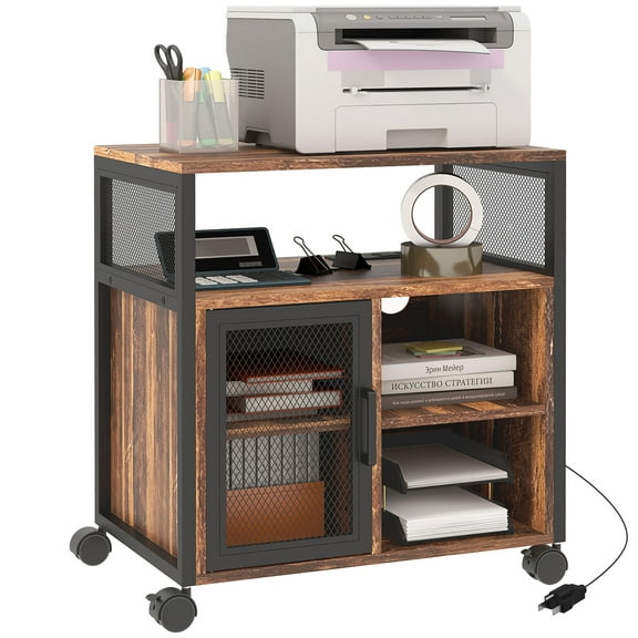 Bedroom Bench Vinsetto Mobile Printer Stand with Socket & USB Ports, Rustic Brown,Bedroom Stool