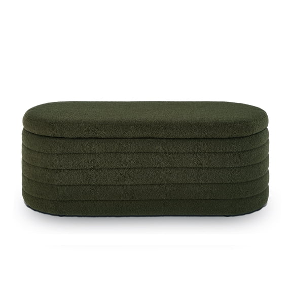 Bedroom Benches Modern Oval Storage Ottoman Bench, Upholstered Boucle Teddy Fabric End of Bed Bench with Storage, End of Bed Stool with Safety Hinge for Bedroom, Living Room, Entryway, Dark Green,Woo