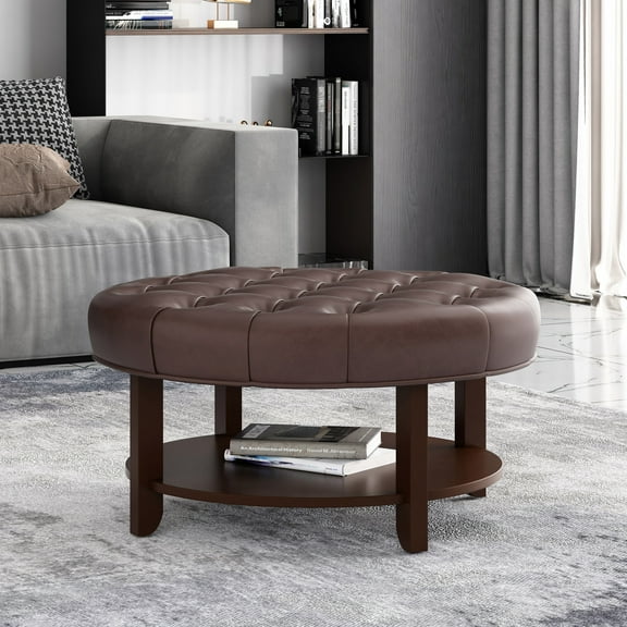 Bedroom Benches, ROUND OTTOMAN, Dark Brown Wooden Bedroom Benches,Pu Bedroom Benches With Storage, Furniture Bedroom Furniture Benches & Stools ROUND OTTOMAN