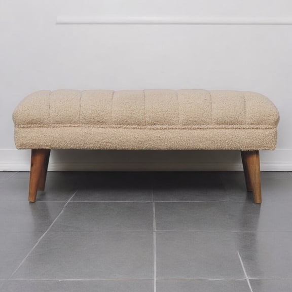 Bedroom Benches Solid Wood Boucle Puffer Bench, Nordic Legs, Beige and Light Brown,Wooden Bedroom Benches