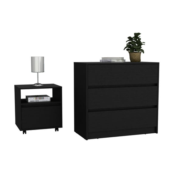 Bedroom - Black. 3 Double Drawers Dresser And Nightstand With . Metal Glides For Smooth Operation. Fits Multiple Room Sizes 2 Piece In Spacious Drawers. Easy Mobility. Different Rooms