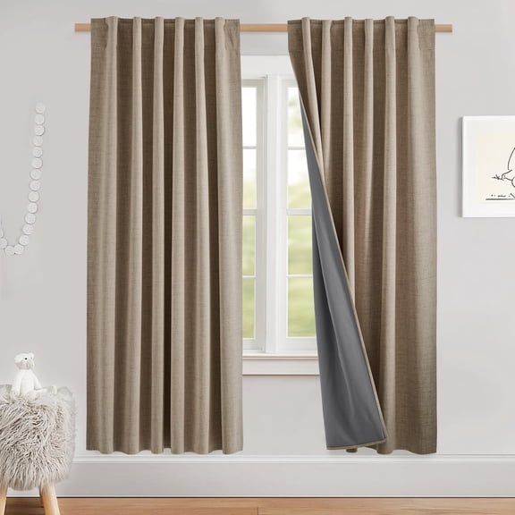 Bedroom Blackout Linen Curtains Thick Insulated Rod Pocket & Tab Full Light Blocking Draperies With Gray Liner For Night Shift Workers (set Of 2 52 By 72-inch Burlap)