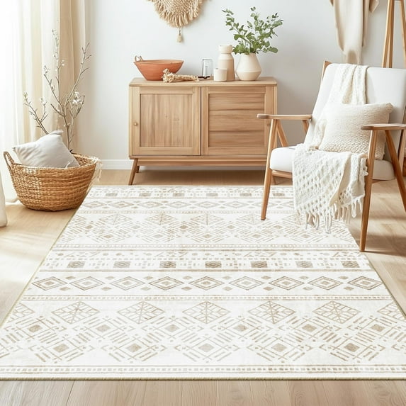 Bedroom Boho Rug 4x6 Khaki, Washable Area Rugs Non Slip, Ultra Soft Print Distressed Geometric Low-Pile Entry Throw Carpet for Bedroom Nursery Dorm Kitchen Decor