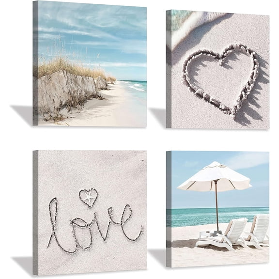 Bedroom Canvas Beach Wall Art: Bathroom Living Room Pictures Ocean Theme Painting Wall Decor 4 Panel Blue Coastal Prints Sea Scene Artwork Decorations for Home Office