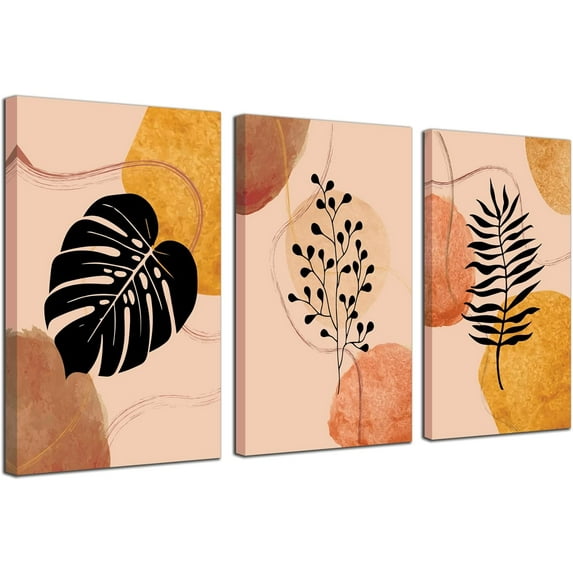Bedroom Canvas Wall Art Minimalist Boho Pictures Mid Century Modern Wall Art Multicolored Boho Leaf Canvas Prints Natural Framed for Bathroom Living Room Decor 3 Pieces