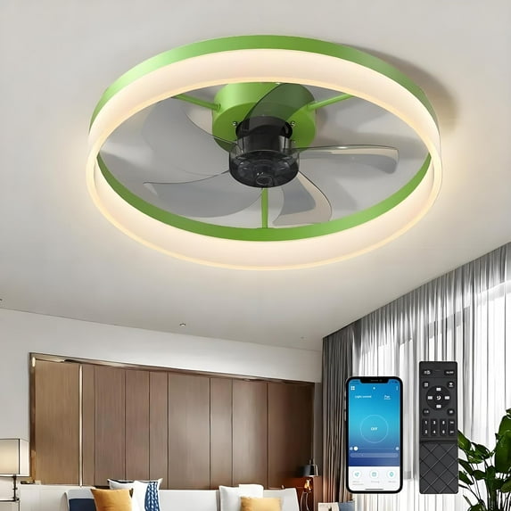 Bedroom Ceiling Fan with Lights, Low Profile Ceiling Fan Light with App & Remote Contorl, Flush Mount Fan Light with 5 Blades and 6 Wind Speeds for Bedroom, Kids Room and Living Room (Green-1, 19.7)