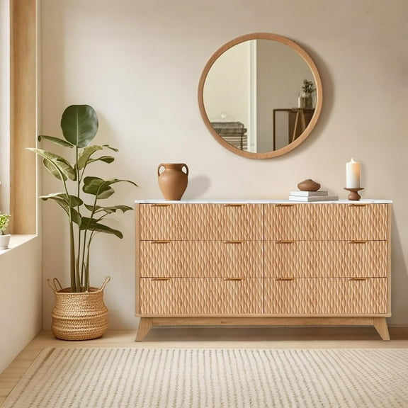 Bedroom Chest of Dresser Wood, 54 in Drip Pattern Six-Drawer Chest with Faux Marble Top, Wide Wood Farmhouse Dresser, Drawer Storage Organizer for Nursery, Bedroom, Living Room (Oak.)