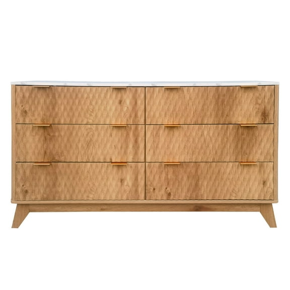 Bedroom Chest of Dresser Wood, 54" Drip Pattern Six-Drawer Chest with Faux Marble Top, Wide Wood Farmhouse Dresser, Drawer Storage Organizer for Nursery, Bedroom, Living Room