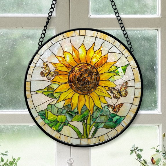 Bedroom Christmas Gift - Butterfly Sunflower Plant Insects Stained Glass Hanging Ornament - Winter Wonderland Christmas Tree Decoration, Holiday Gift for Family, Friends, Mom & Dad