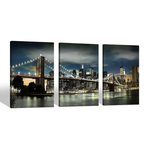 Bedroom City Canvas Wall Art: Modern Living Room New York Scene Picture Brooklyn Bridge Landscape Painting 3 Piece Vertical Home Night NYC Cityscape Print 12x16 Gallery Manhattan Skyline Artwork C95