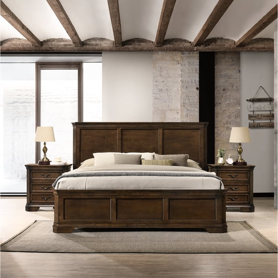 Bedroom Collection: Queen Panel Bed & 2 Nightstands In Antique Shade 3 : Classic Walnut Finish