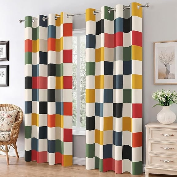 Bedroom Colorful Checkered Curtains, Home Decor Modern Geometric Gingham Curtains Blackout for Living Room, Thermal Eyelet Checkerboard Window Treatments 42"W x 63"L