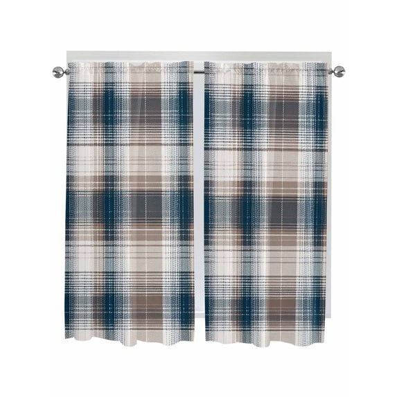 Bedroom Curtains 63 Inches length, Blue Brown Plaid Window Treatment Curtain Drapes, Modern Abstract Striped Gingham Checked Rod Pocket Curtain Panels for Living Room Kitchen, 42"x63", 2 Panels