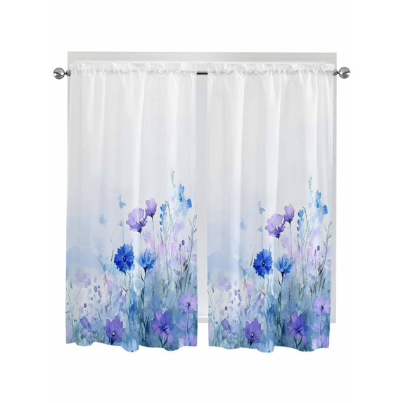 Bedroom Curtains 63 Inches length, Blue Flower Window Treatment Curtain Drapes, Modern Pastoral Watercolor Oil Painting Rod Pocket Curtain Panels for Living Room Kitchen, 42"x63", 2 Panels