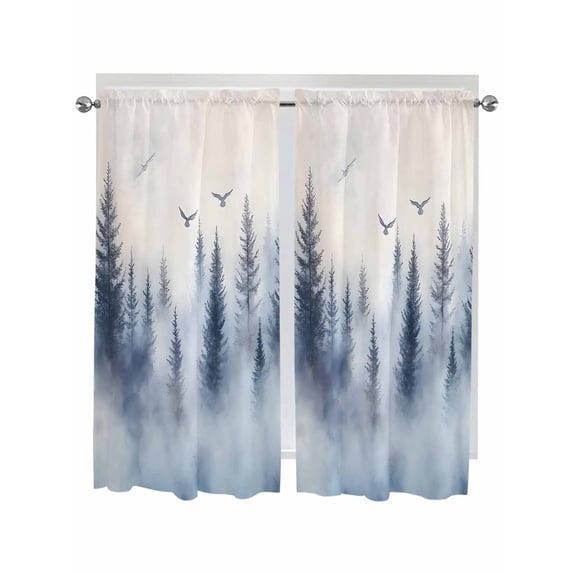 Bedroom Curtains 63 Inches length, Mountain Peak Window Treatment Curtain Drapes, Forest Tree Scene Watercolor Style Rod Pocket Curtain Panels for Living Room Kitchen, 42"x63", 2 Panels