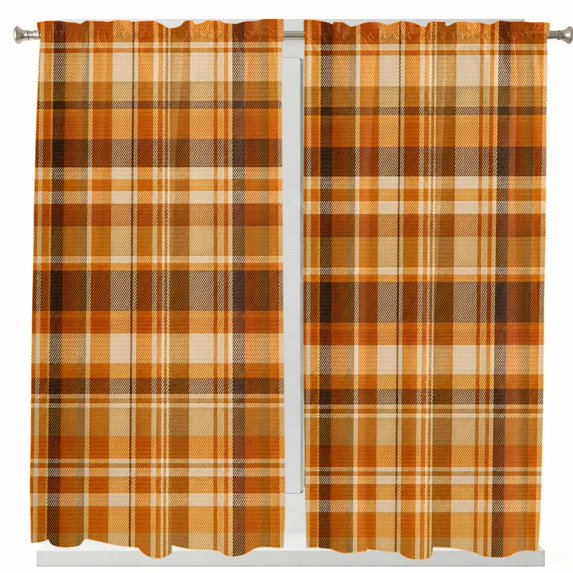 Bedroom Curtains 63 Inches length, Orange Checked Fall Window Treatment Curtain Drapes, Thanksgiving Buffalo Plaid Rod Pocket Curtain Panels for Living Room Kitchen, 42"x63", 2 Panels