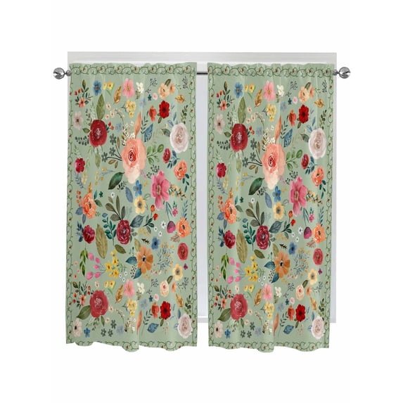 Bedroom Curtains 63 Inches length, Sage Green Floral Window Treatment Curtain Drapes, Spring Flowers Leaves Farmhouse Rod Pocket Curtain Panels for Living Room Kitchen, 42"x63", 2 Panels