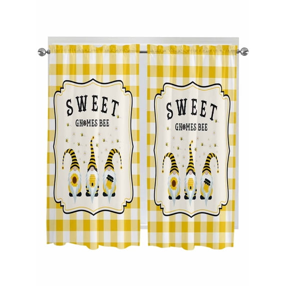 Bedroom Curtains 63 Inches length, Summer Gnomes Window Treatment Curtain Drapes, Yellow Plaid Sweet Bee Spring Floral Rod Pocket Curtain Panels for Living Room Kitchen, 42"x63", 2 Panels