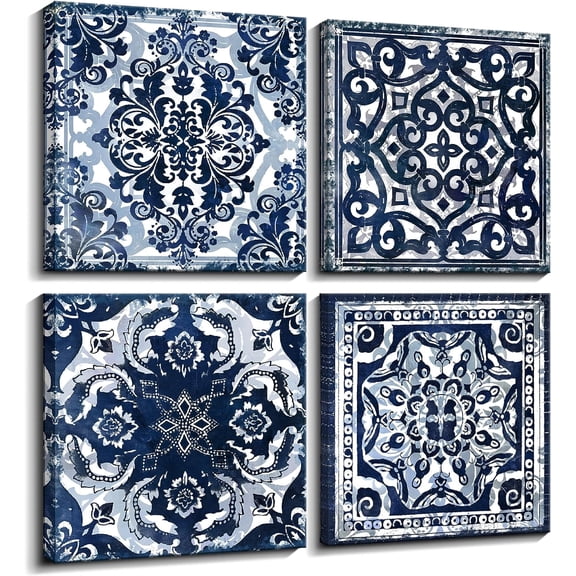 Bedroom Decor Canvas Wall Art Flower Pattern Prints Bathroom Abstract Pictures Modern Navy Framed Wall Decor Artwork for Walls Hang for Bedroom 4 Pieces Wall Decoration Size 14x14 Each Panel