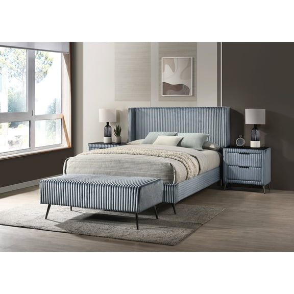 Bedroom Decor Collection | King/Queen Panel Bed, Nightstands & Bench for Bedroom Decor | Soft Blue Corduroy Upholstery | Overcomes Lack of Cohesive Bedroom Design