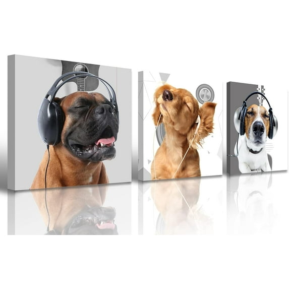 Bedroom Decor Dog Wall Art - Funny Dog Pictures Puppy With Headphones Canvas Prints Modern Dog Artwork for Boys Girls Kids Room Decorations Stretched and Framed Ready to Hang 16''''x16''''x3