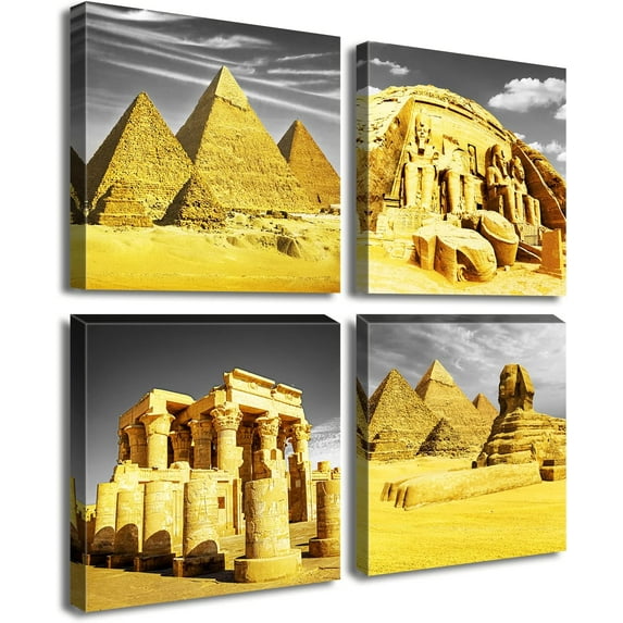Bedroom Decor Gold Wall Art Egyptian Pyramids Canvas Print Picture Gray White Posters Modern Artwork for for Living Room Bathroom Office Home Decoration Framed Ready to Hang 12"X12"X4