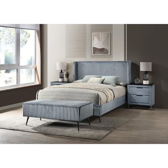 Bedroom Decor Set | King/Queen Bed with Nightstands and Bench for Bedroom Design | Soft Blue Corduroy Upholstery | Solves Bedroom Storage and Aesthetic Problems