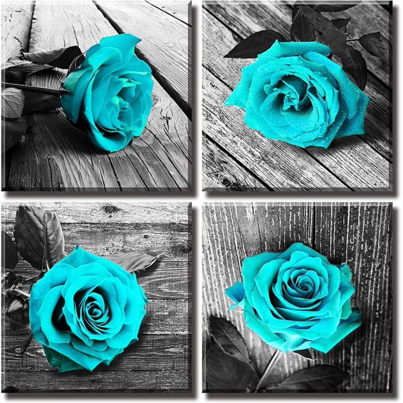 Bedroom Decor - Teal Rose Flowers Canvas Wall Art - Turquoise Decor for Living Room Black and White ons Artwork Painting Modern Wedding for Couple Stretched and Framed