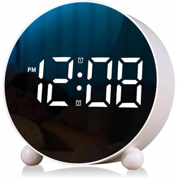 Bedroom Digital Alarm Clock, Large Numbers Easy to Read, 3-Levels Brightness, Battery Backup, 12/24H, Silent Desk Clock with Loud Bell, Modern Curved Design for Bedside Office, White
