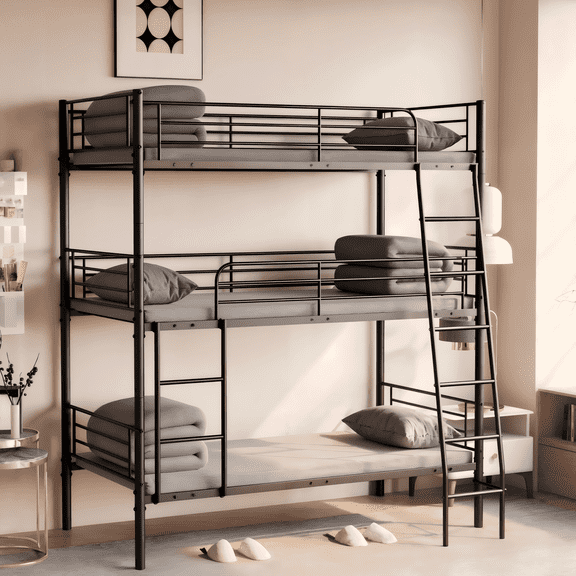 Kosynda Heavy Duty Triple Bunk Bed for 3, Twin Over Twin Metal Bunk Bed Frame with Ladder, Can Be Divided into 3 Separate Twin Beds for Bedroom or Dormitory, Black
